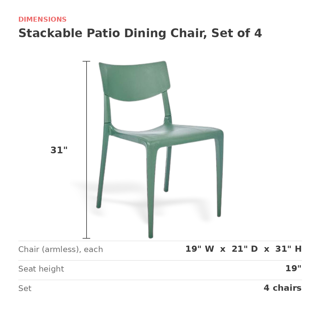 Dimensions of the weatherproof stackable patio dining chair: 19 in. wide, 21 in. deep, 31 in. high