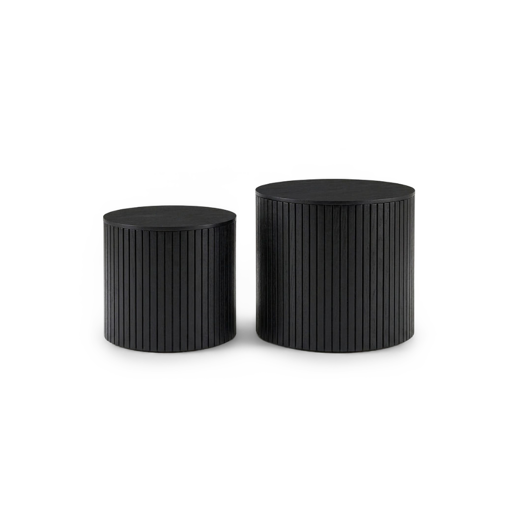Black fluted round nesting tables set of 2, front view (plain studio)