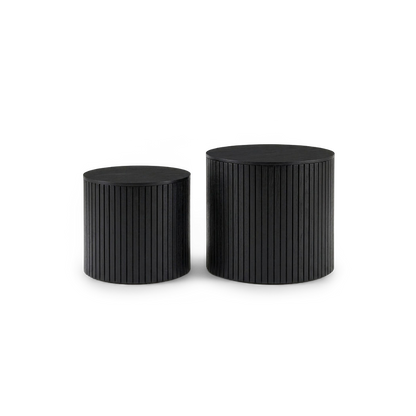 Black fluted round nesting tables set of 2, front view (plain studio)