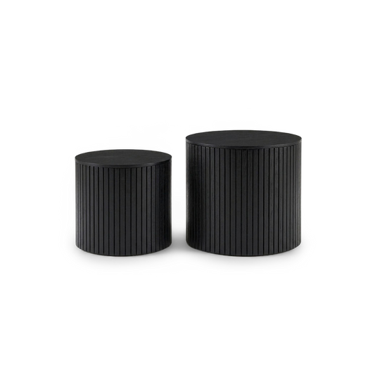 Black fluted round nesting tables set of 2, front view (plain studio)