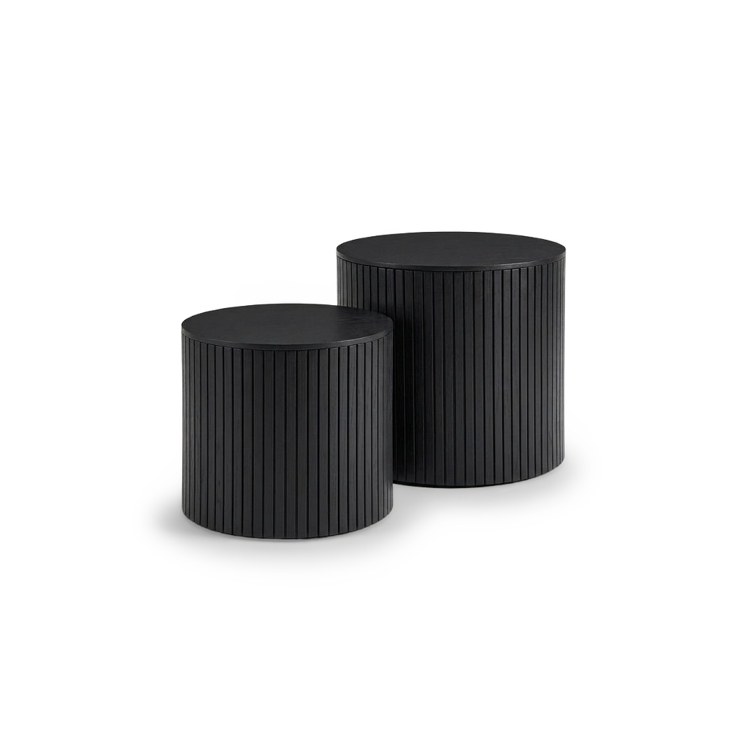 Black fluted round nesting tables set of 2, rotated view (plain studio)