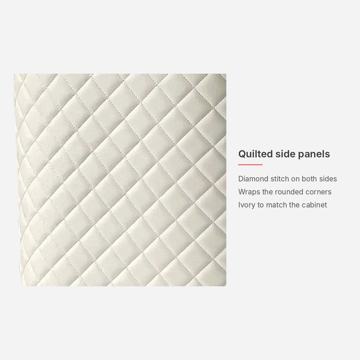 Spec card: quilted side panels with diamond stitch on both sides