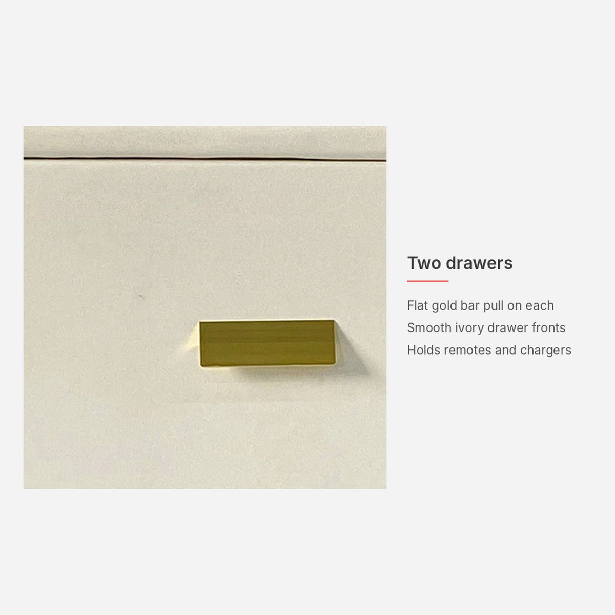 Spec card: two drawers with flat gold bar pulls