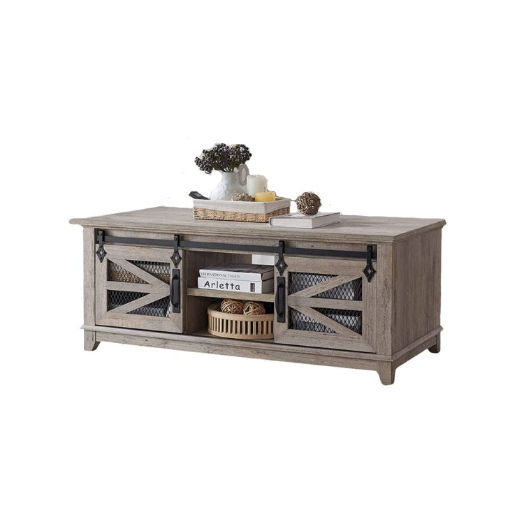 White And Oak Side Table With Storage & Sliding Barn Doors, Chic Design
