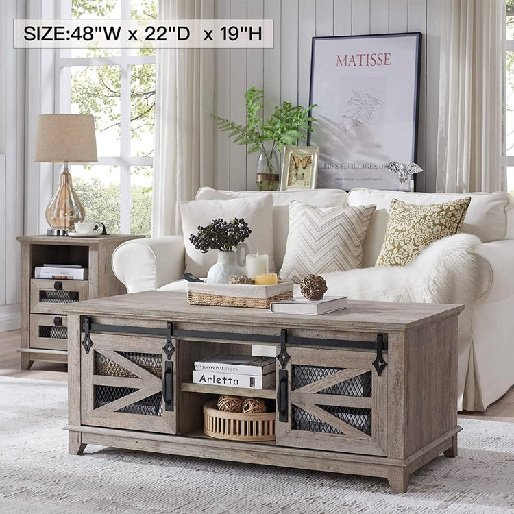 White And Oak Side Table With Storage & Sliding Barn Doors - Size