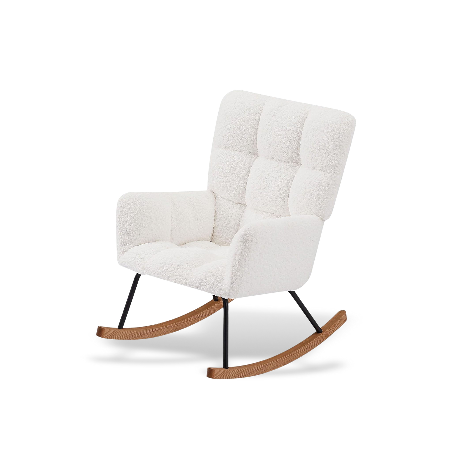Stylish white boucle rocking chair with high backrest and wood rockers for living room.