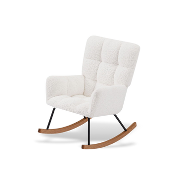Ergonomic white bouclé rocker featuring a tall backrest for head and neck support; styled with light wood rockers for a contemporary living room.