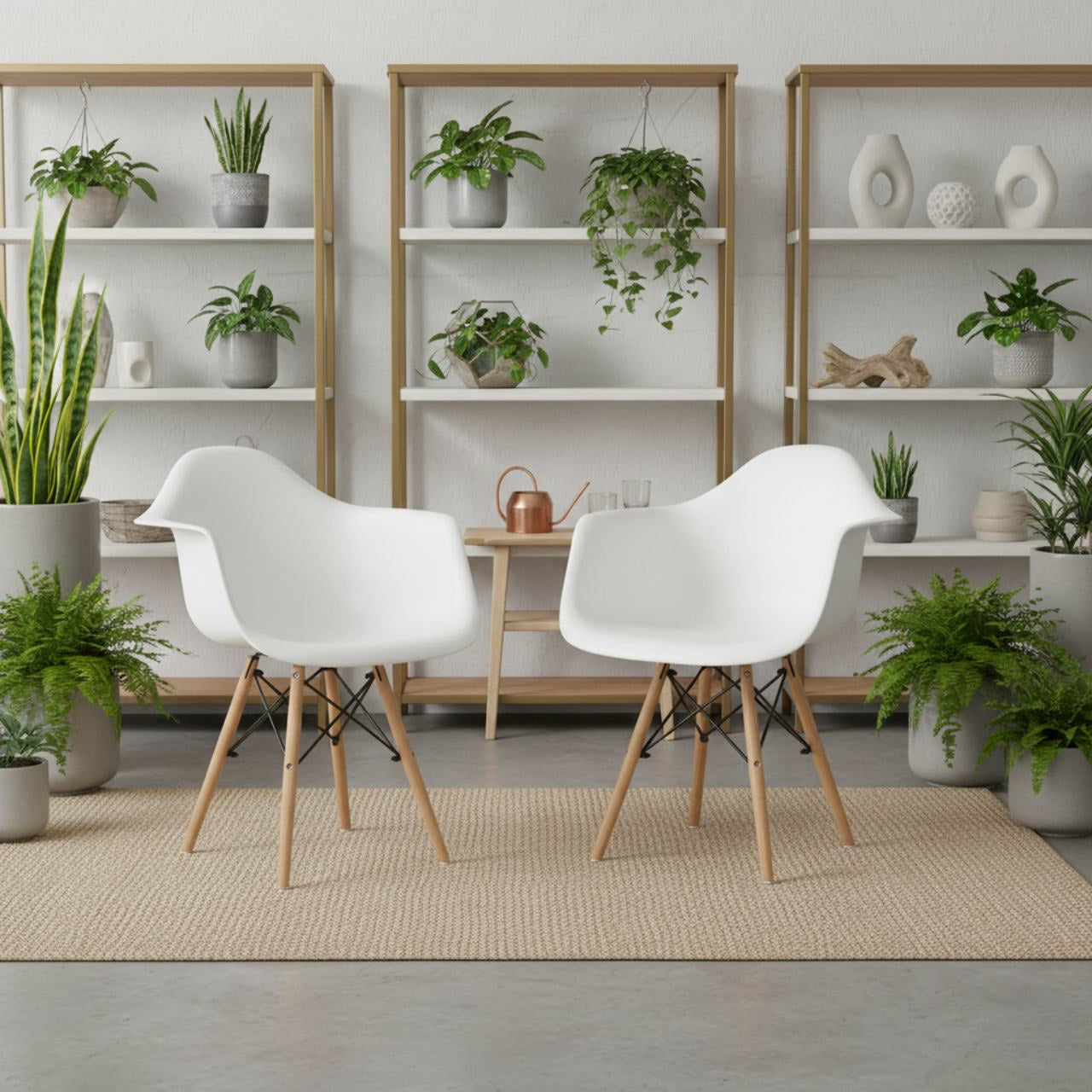 Set of 2 mid-century modern molded white dining arm chairs with wooden legs in a plant-filled dining space.