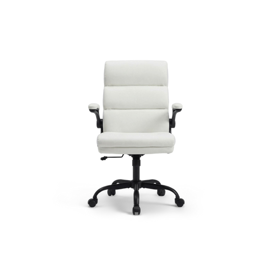White ergonomic office chair with flip-up arms, front view on a plain #f3f3f3 studio background