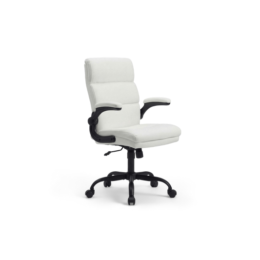 White ergonomic office chair with lumbar support, rotated view on a plain #f3f3f3 studio background
