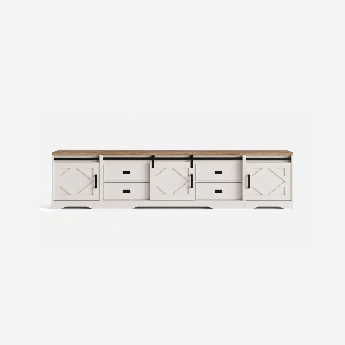 White farmhouse TV stand, 98.4 inches in three pieces with a sliding barn door and four drawers, straight front view