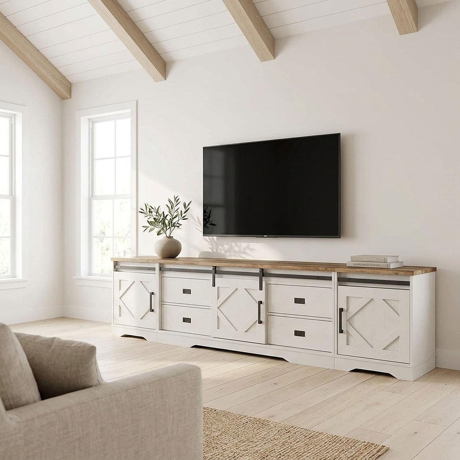 White Farmhouse TV Stand, 98 Inch With 4 Drawers and Doors