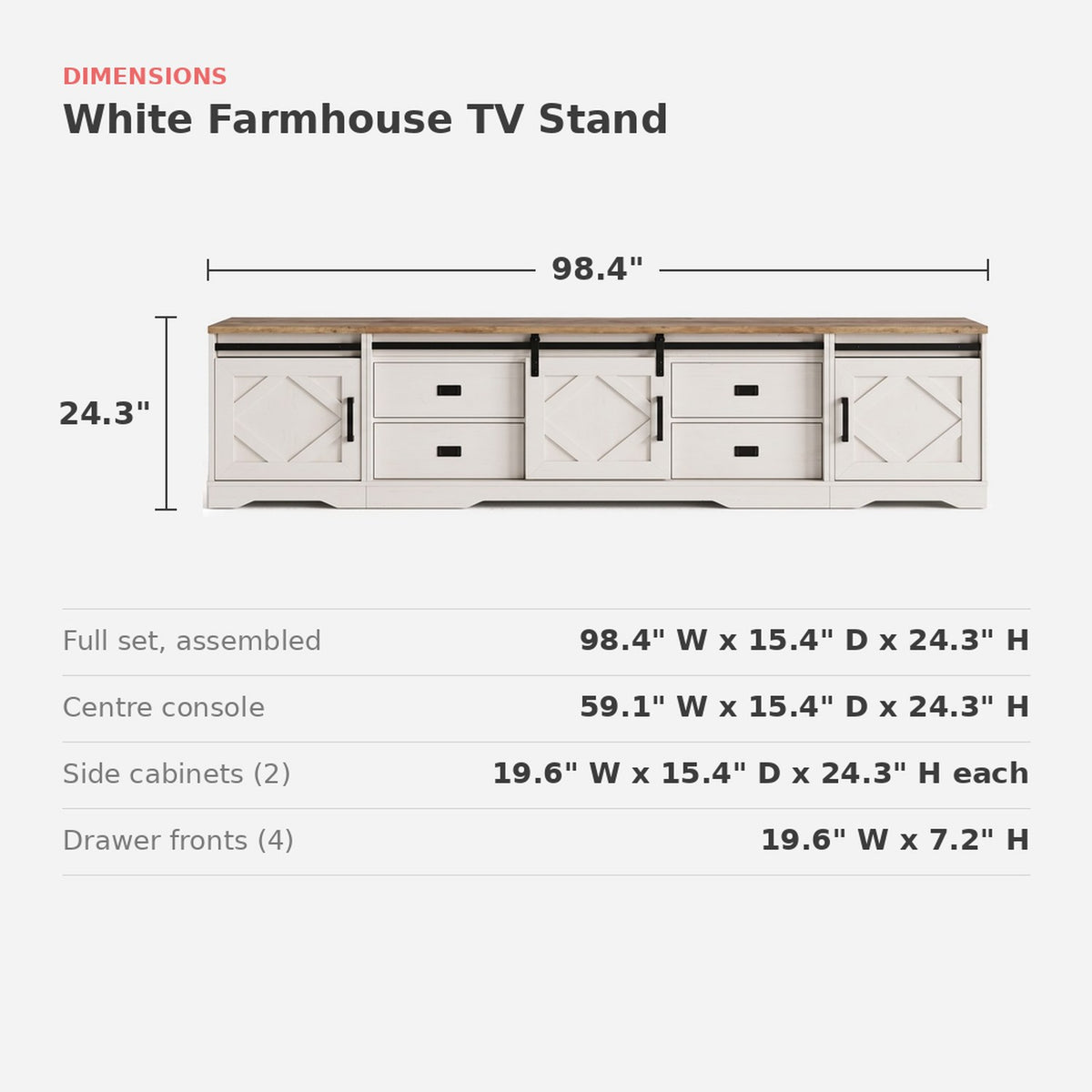 Dimensions card: 98.4 inches wide, 15.4 deep, 24.3 high, in three pieces