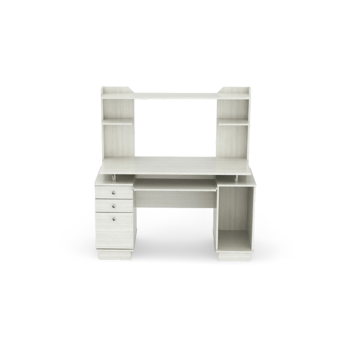White finish wood computer desk with hutch, front view with two drawers, a door cabinet and a keyboard tray