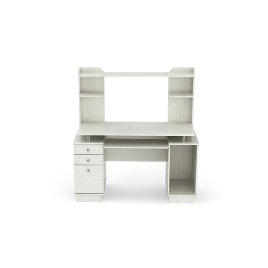 White finish wood computer desk with hutch, front view with two drawers, a door cabinet and a keyboard tray