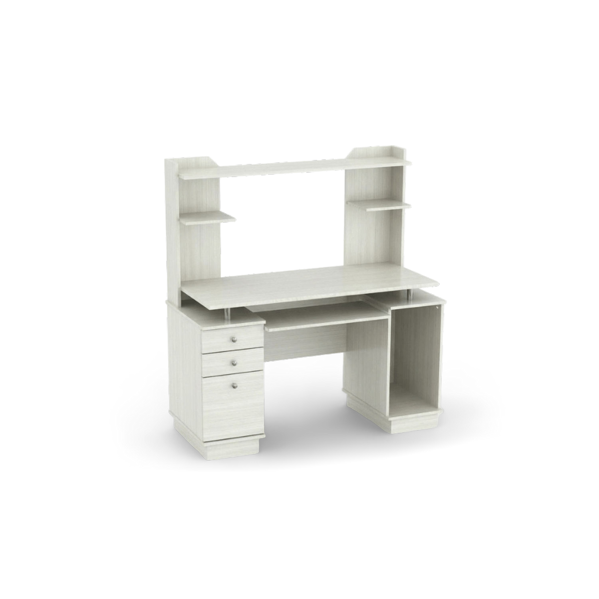 White computer desk with hutch shown at an angle, with hutch shelves, keyboard tray and storage side