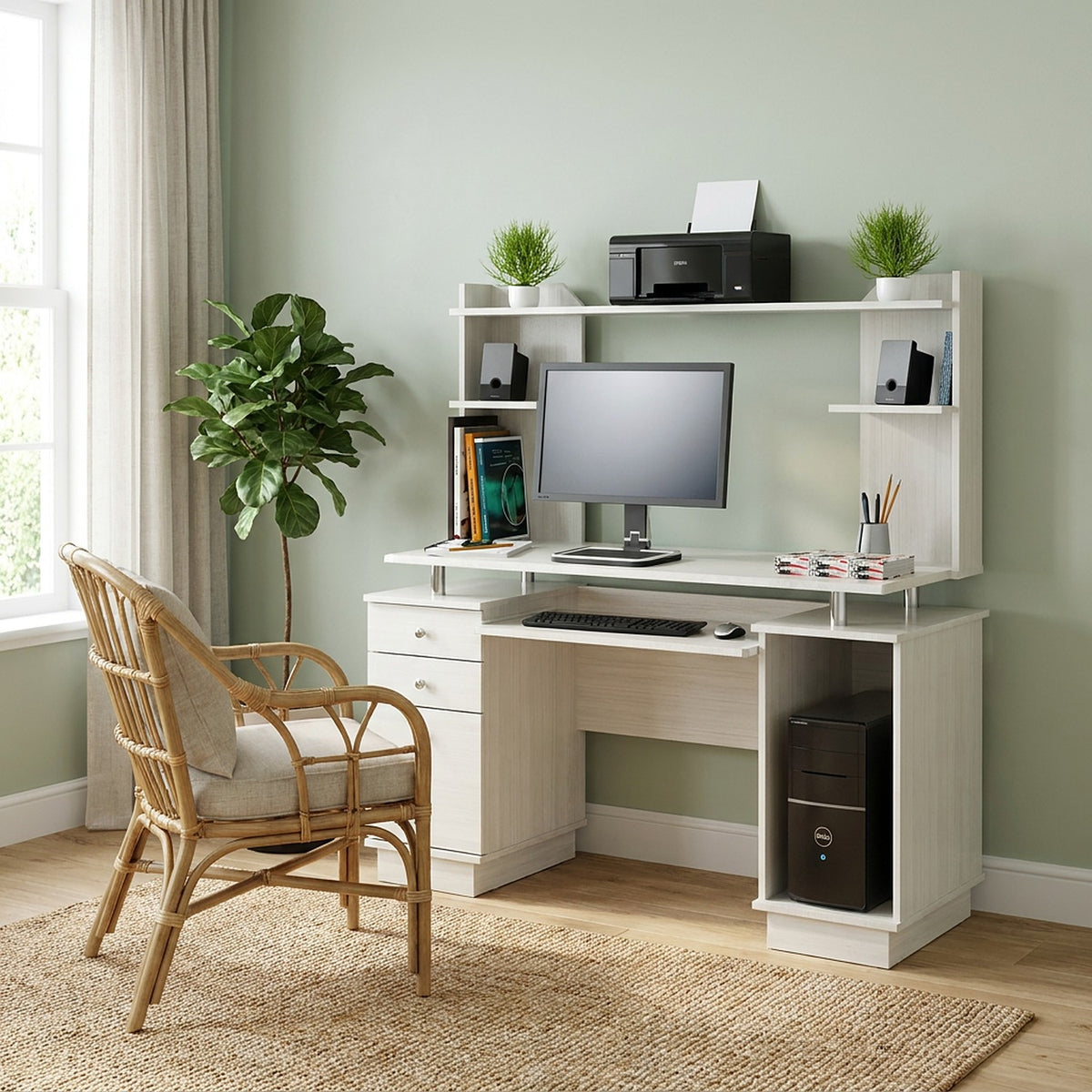 Bright sage green study with a rattan chair, monitor and keyboard on a white hutch desk