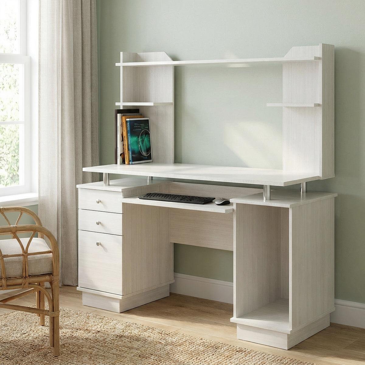 White finish wood computer desk with hutch, drawers and keyboard tray in a bright sage green study, seen closer from the front-left with a rattan chair at the edge