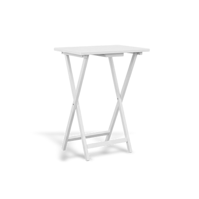 Set of 2 white folding TV tray tables with a wood finish and sturdy cross-legged frames; portable snack and laptop tables for living room use.