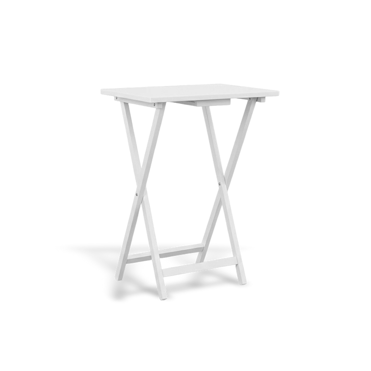 Set of 2 white folding TV tray tables with a wood finish and sturdy cross-legged frames; portable snack and laptop tables for living room use.