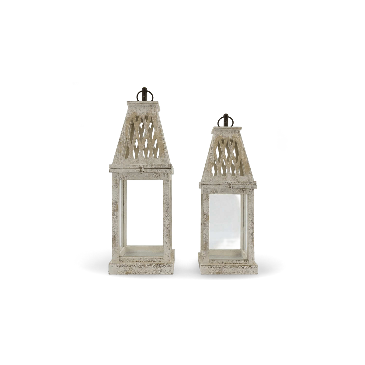 French country lanterns with carved lattice tops, pair in two heights, straight front view on a #f3f3f3 ground (plain studio)