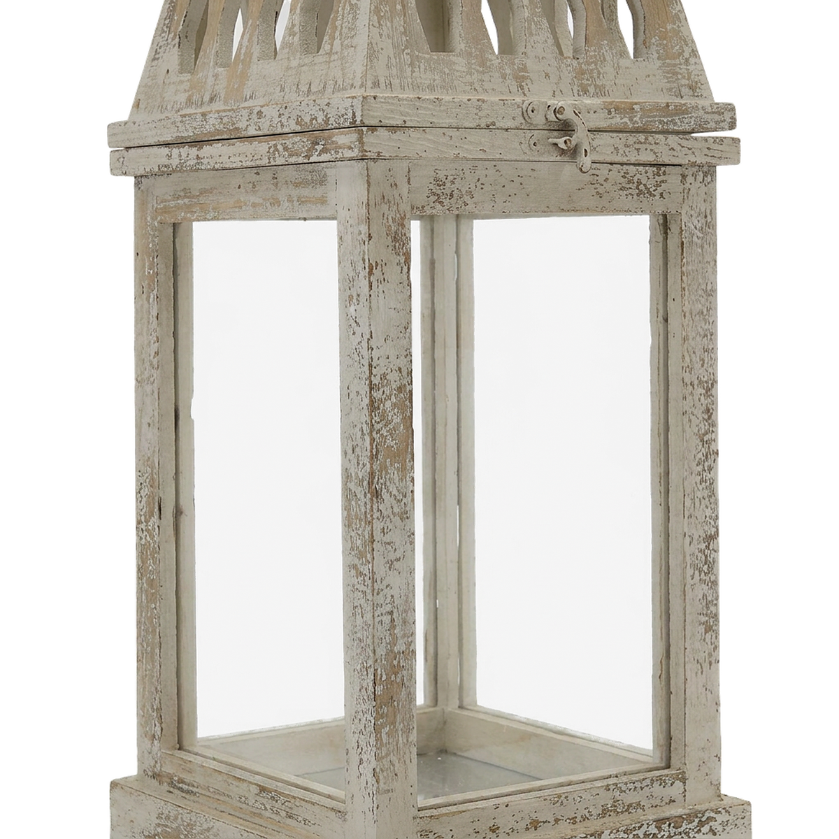 Weathered white fir frame, clear glass panes and hook clasp of the large lantern (close-up detail, transparent)