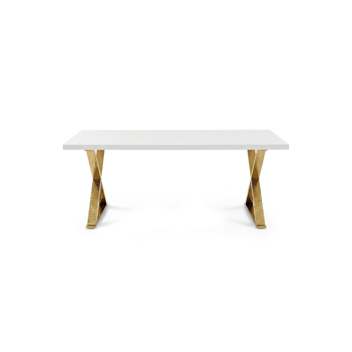 White and gold dining table with a high gloss white top and polished gold X base, front view
