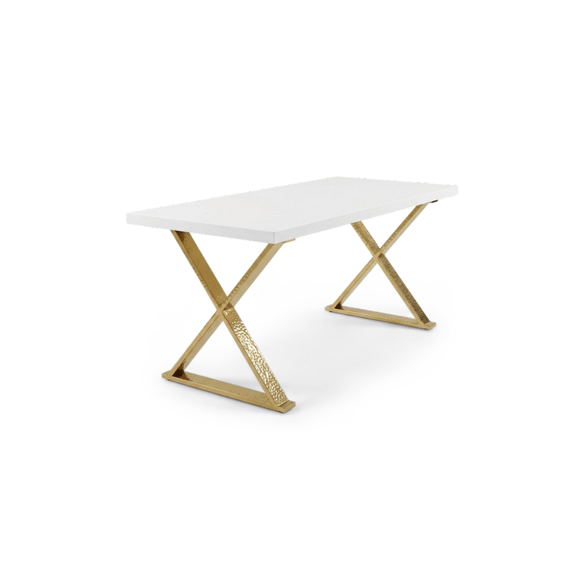 White and gold dining table with a high gloss white top and polished gold X base, shown at an angle