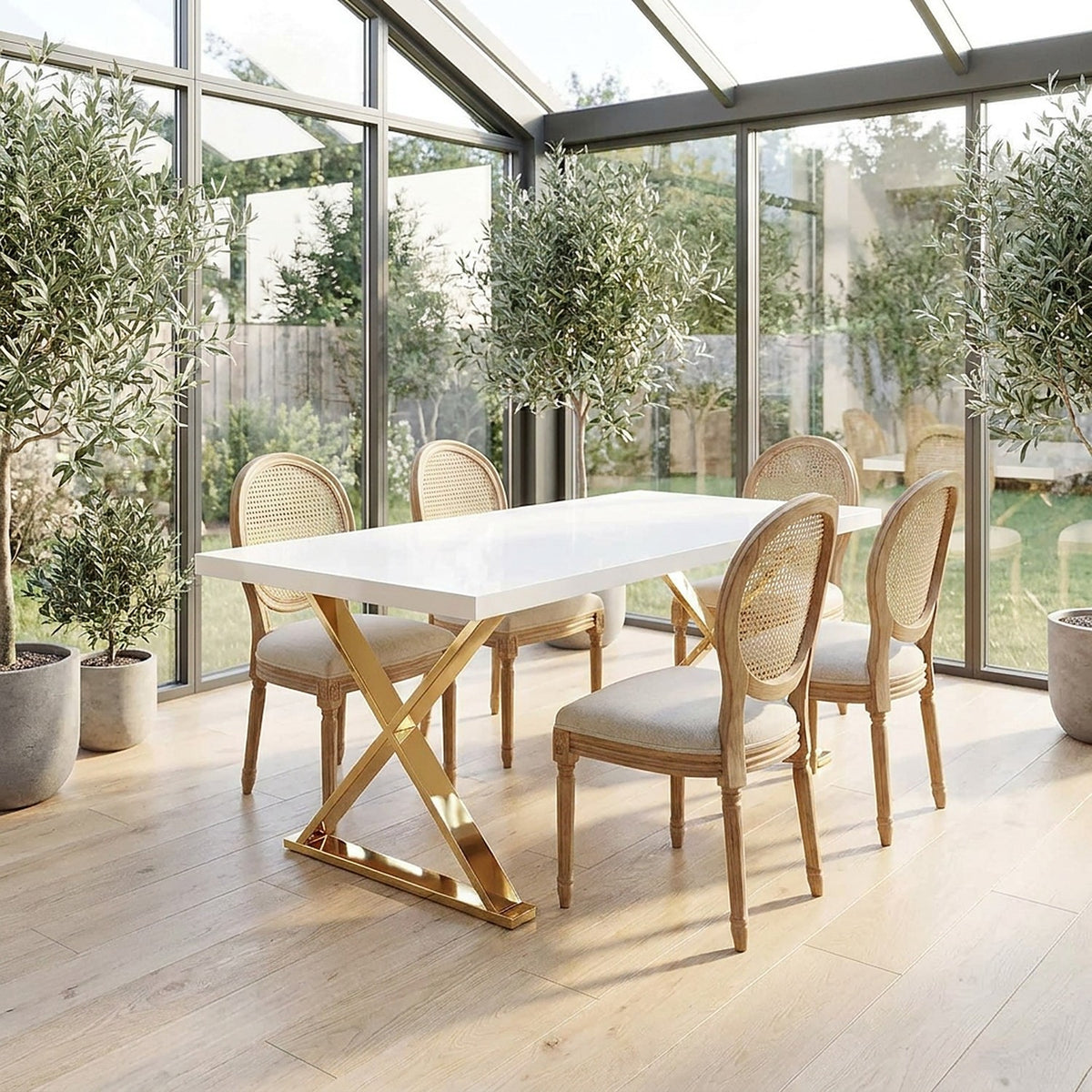 Glossy white table on gold X legs with cane-back chairs in a glass sunroom among potted olive trees
