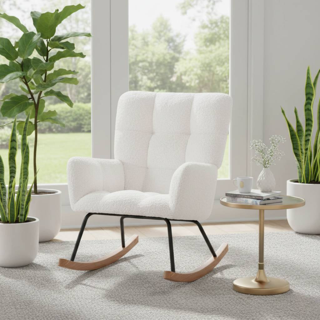 Stylish white high-back rocking chair surrounded by lush green indoor plants in a sun-drenched living room.