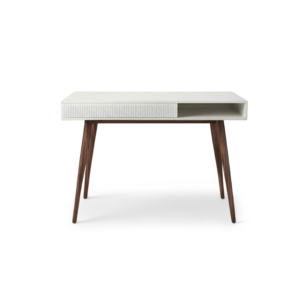 White mid-century writing desk with fluted drawer, front view