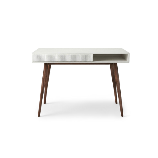 White mid-century writing desk with fluted drawer, front view