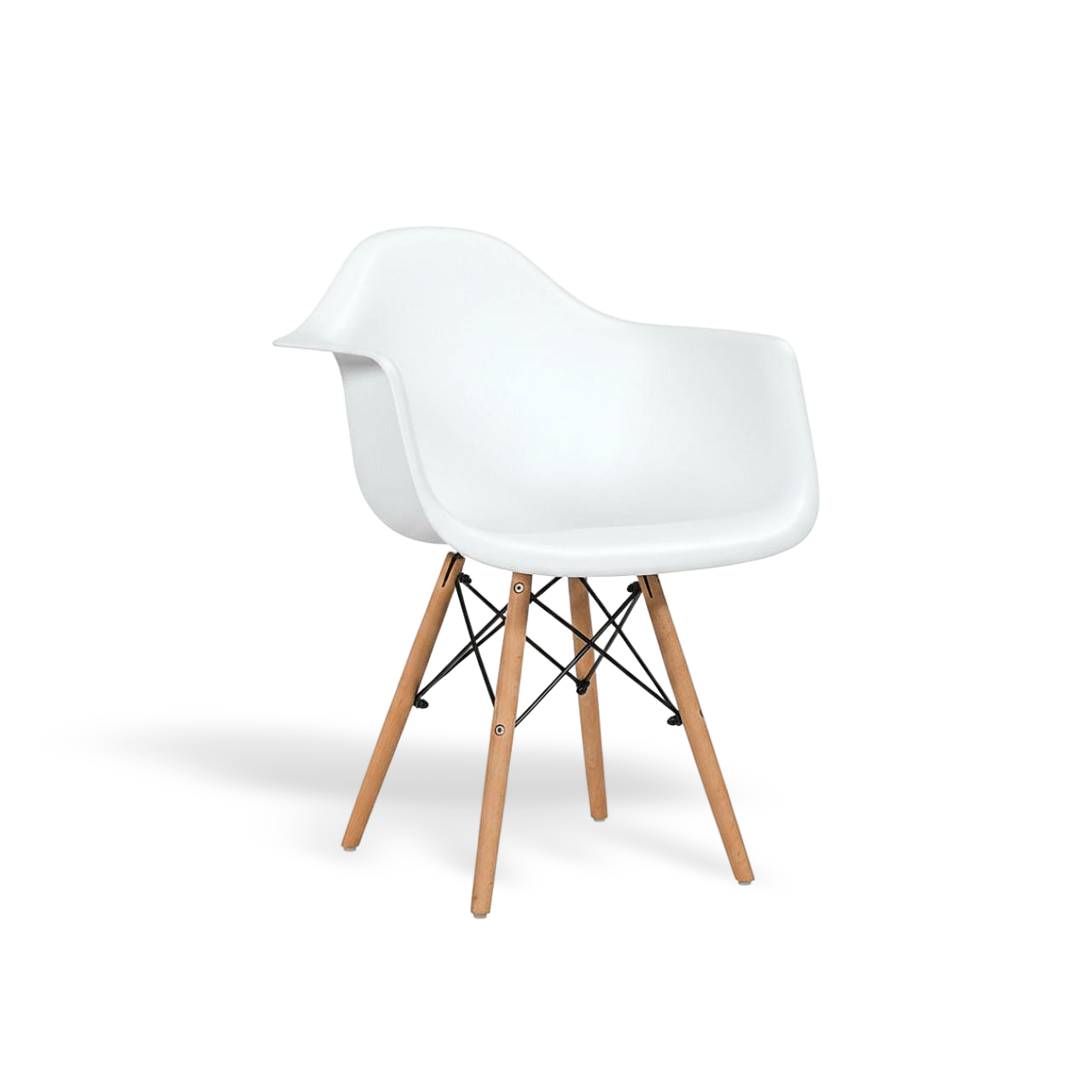 Set of 2 mid-century modern molded dining armchairs with white shells and wooden legs.