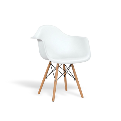 Set of 2 mid-century modern molded dining armchairs with white shells and wooden legs.