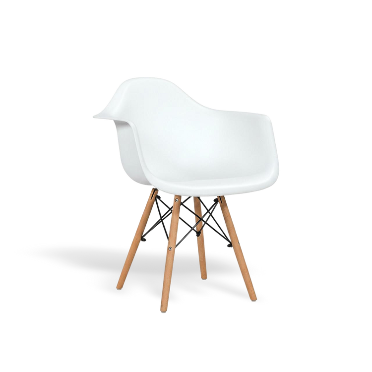 Set of 2 mid-century modern molded dining armchairs with white shells and wooden legs.