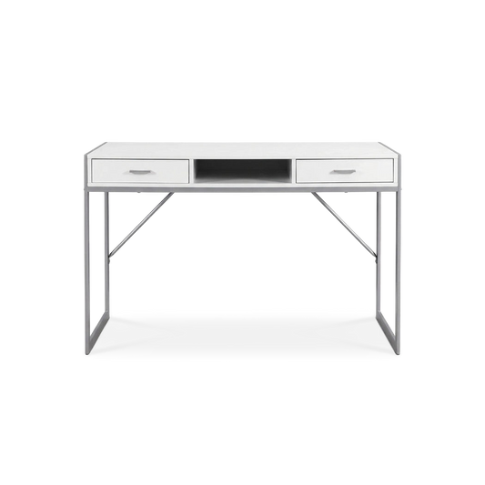 White and silver metal computer desk on a #f3f3f3 studio background