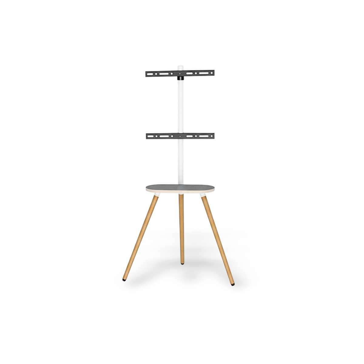 White swivel tripod TV stand, shown against a #f3f3f3 studio backdrop.