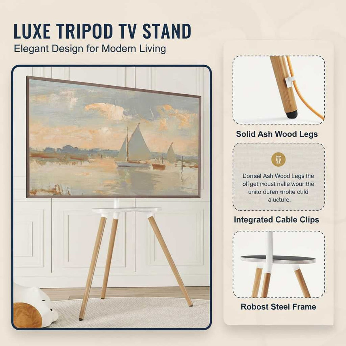 White tripod TV stand for 40-65 inch TVs with a swiveling wooden tray and ash wood legs (feature callout)