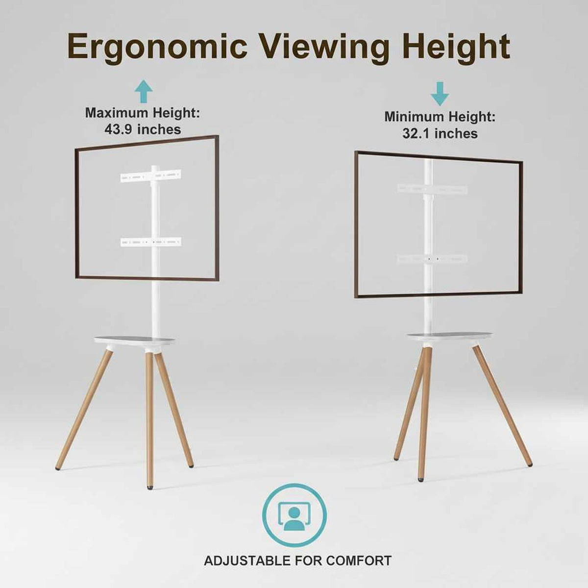 Tripod TV Stand 40-65 inch, white with wooden tray; adjustable height and swivel for cinema-quality viewing (feature callout)