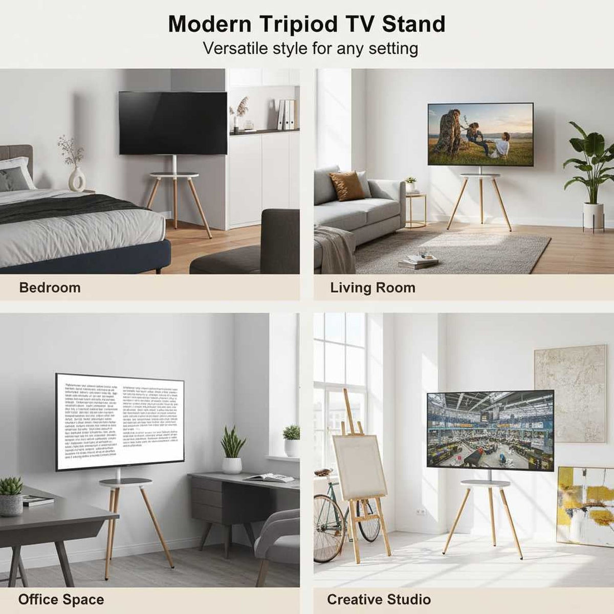 White tripod TV stand with swivel wooden tray for 40–65 inch TVs; durable, versatile in living room and bed (feature callout)