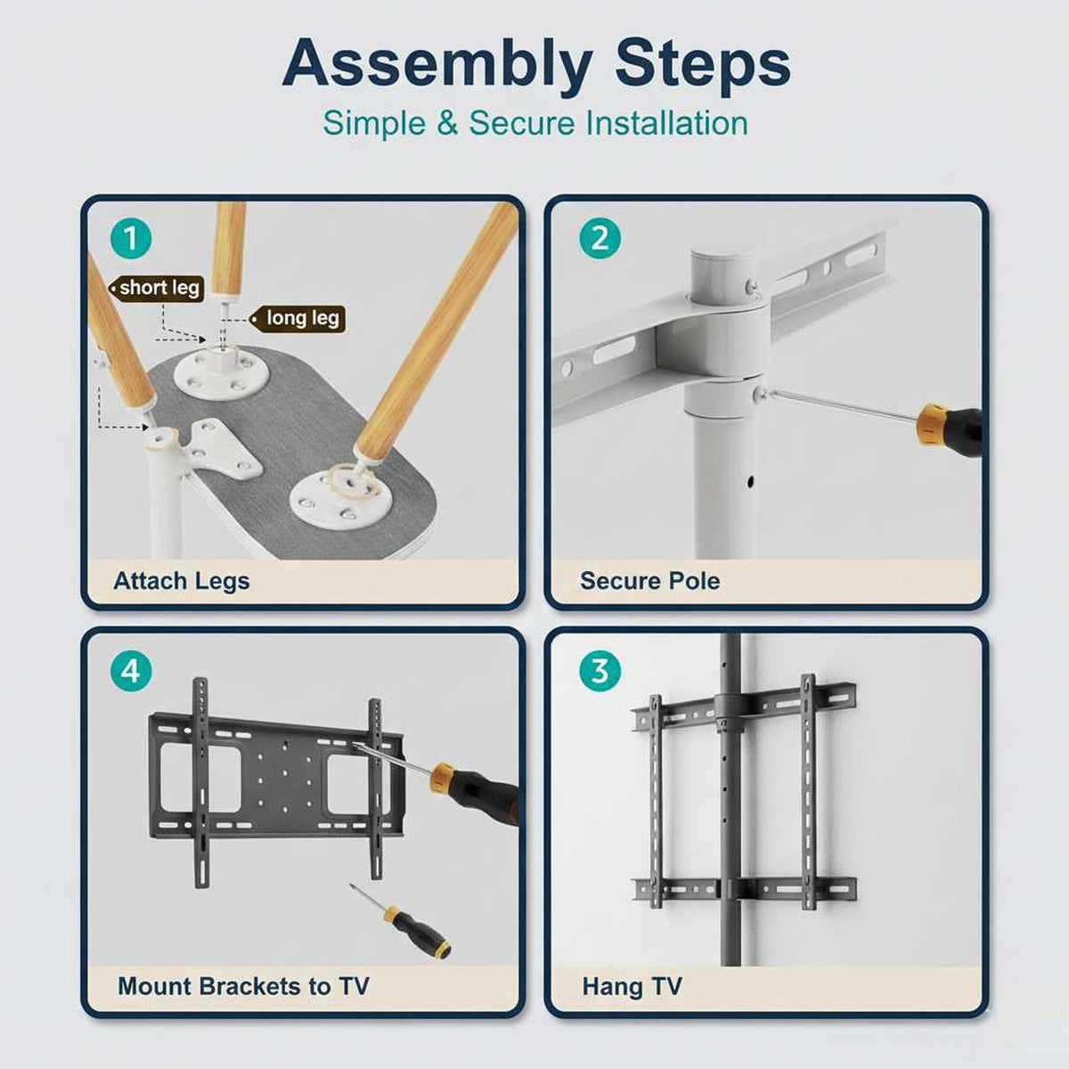 White tripod TV stand for 40-65 inch TVs, with assembly steps: attach legs, secure pole, mount brackets, ha (feature callout)