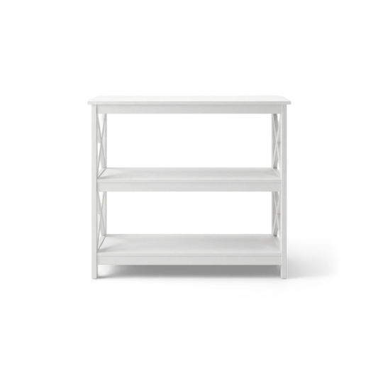 White three tier console table on a #f3f3f3 studio background (plain studio)