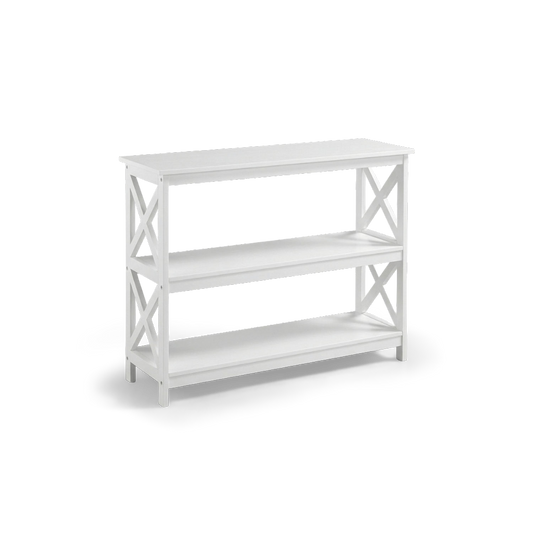 Narrow console table with three open shelves on a #f3f3f3 studio background (plain studio)