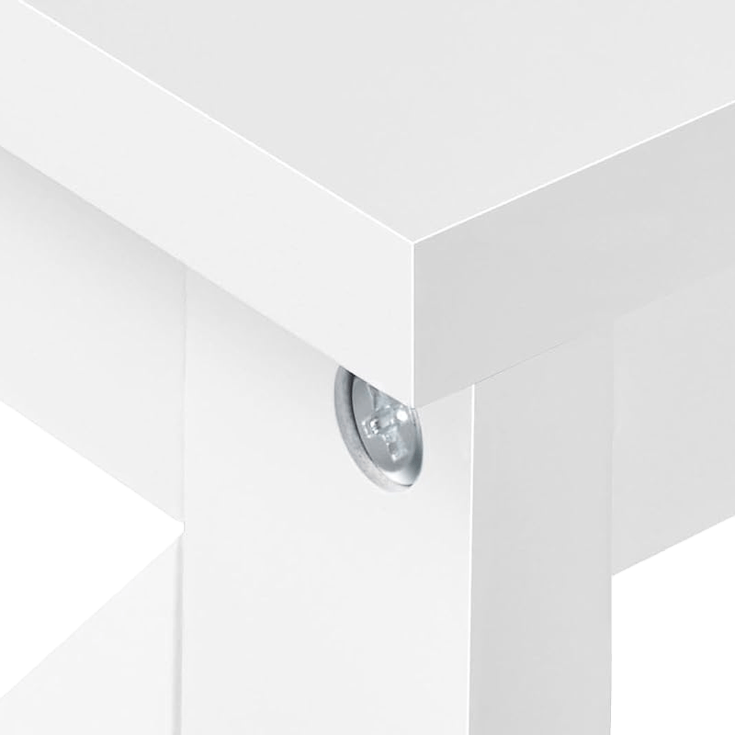 Close-up of the silver cap-screw corner joint on the white console table (close-up detail)