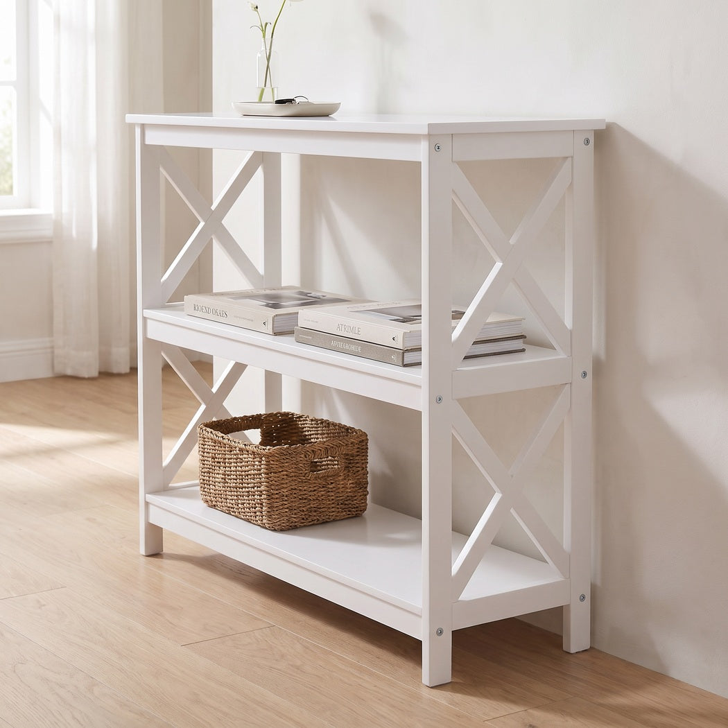 Closer view of the console table in the same hallway, the X-braced side nearest the camera