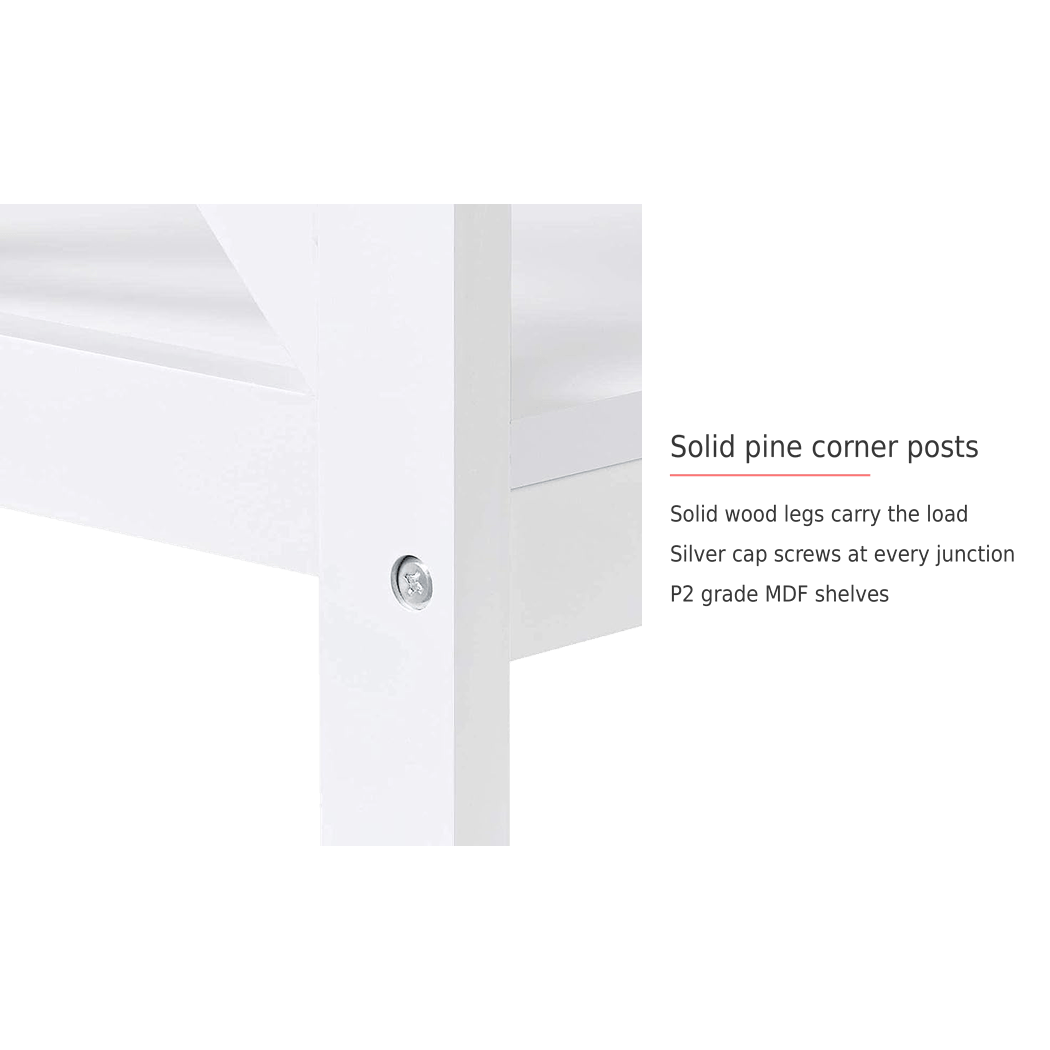 Spec card on the solid pine corner posts and silver cap screws (feature callout)