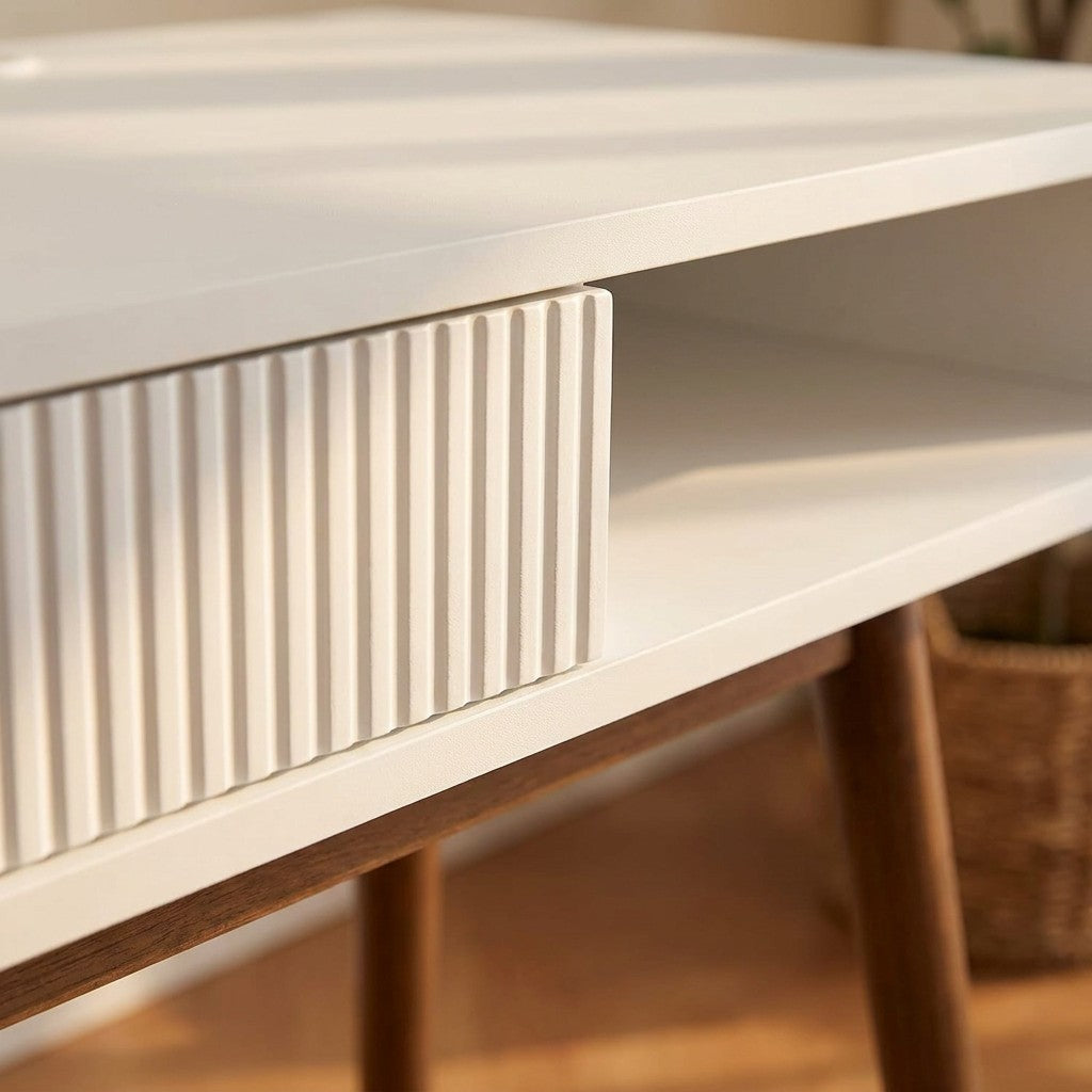 Close-up of the fluted drawer front and its handleless edge pull (close-up detail)