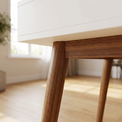 Close-up of a turned walnut leg meeting the lacquered top (close-up detail)