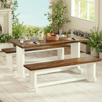 47-inch white dining table set for four with two benches, brown wood top, farmhouse charm.
