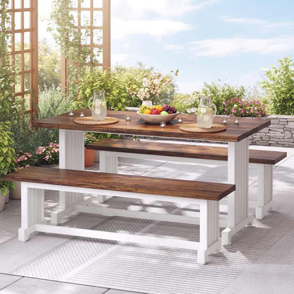 47-inch white dining table with brown wood top and two white benches for outdoor farmhouse dining for 4.